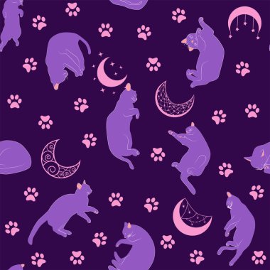 Boho tarzındaki kedilerin mistik kusursuz deseni, siluet koleksiyonu. Ezoterizm, mistisizm, okültizm. Çizgi film düz vektör çizimleri, izole