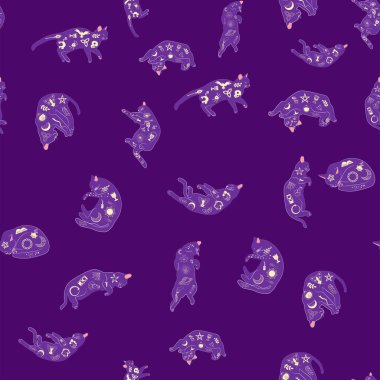 Boho tarzındaki kedilerin mistik kusursuz deseni, siluet koleksiyonu. Büyücülük ve büyü. Ezoterizm, mistisizm, okültizm. Çizgi film düz vektör çizimleri, izole