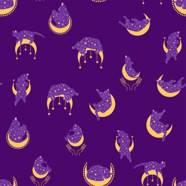 Boho tarzındaki kedilerin mistik kusursuz deseni, siluet koleksiyonu. Büyücülük ve büyü. Ezoterizm, mistisizm, okültizm. Çizgi film düz vektör çizimleri, izole