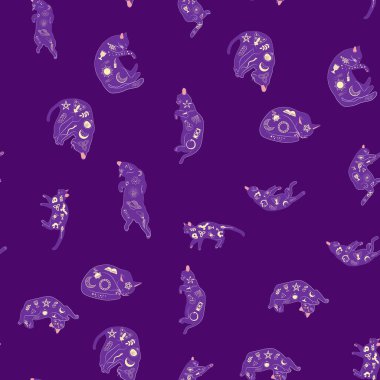 Boho tarzındaki kedilerin mistik kusursuz deseni, siluet koleksiyonu. Büyücülük ve büyü. Ezoterizm, mistisizm, okültizm. Çizgi film düz vektör çizimleri, izole