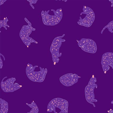 Boho tarzındaki kedilerin mistik kusursuz deseni, siluet koleksiyonu. Büyücülük ve büyü. Ezoterizm, mistisizm, okültizm. Çizgi film düz vektör çizimleri, izole