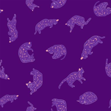 Boho tarzındaki kedilerin mistik kusursuz deseni, siluet koleksiyonu. Büyücülük ve büyü. Ezoterizm, mistisizm, okültizm. Çizgi film düz vektör çizimleri, izole