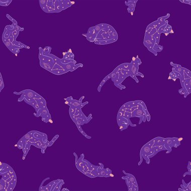 Boho tarzındaki kedilerin mistik kusursuz deseni, siluet koleksiyonu. Büyücülük ve büyü. Ezoterizm, mistisizm, okültizm. Çizgi film düz vektör çizimleri, izole