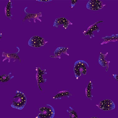 Boho tarzındaki kedilerin mistik kusursuz deseni, siluet koleksiyonu. Büyücülük ve büyü. Ezoterizm, mistisizm, okültizm. Çizgi film düz vektör çizimleri, izole