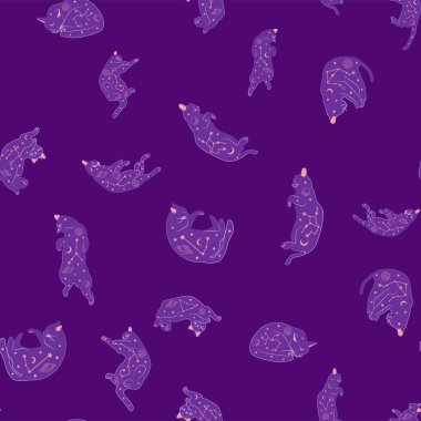 Boho tarzındaki kedilerin mistik kusursuz deseni, siluet koleksiyonu. Büyücülük ve büyü. Ezoterizm, mistisizm, okültizm. Çizgi film düz vektör çizimleri, izole