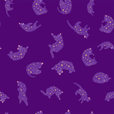 Boho tarzındaki kedilerin mistik kusursuz deseni, siluet koleksiyonu. Büyücülük ve büyü. Ezoterizm, mistisizm, okültizm. Çizgi film düz vektör çizimleri, izole