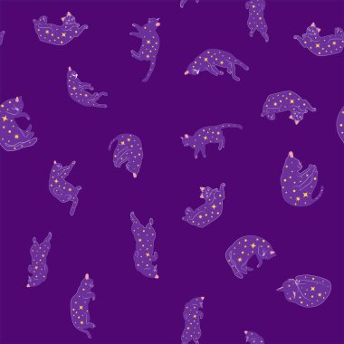 Boho tarzındaki kedilerin mistik kusursuz deseni, siluet koleksiyonu. Büyücülük ve büyü. Ezoterizm, mistisizm, okültizm. Çizgi film düz vektör çizimleri, izole