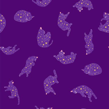 Boho tarzındaki kedilerin mistik kusursuz deseni, siluet koleksiyonu. Büyücülük ve büyü. Ezoterizm, mistisizm, okültizm. Çizgi film düz vektör çizimleri, izole