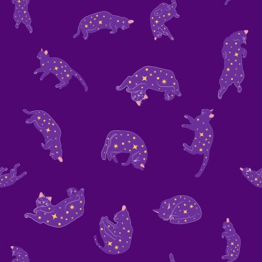 Boho tarzındaki kedilerin mistik kusursuz deseni, siluet koleksiyonu. Büyücülük ve büyü. Ezoterizm, mistisizm, okültizm. Çizgi film düz vektör çizimleri, izole