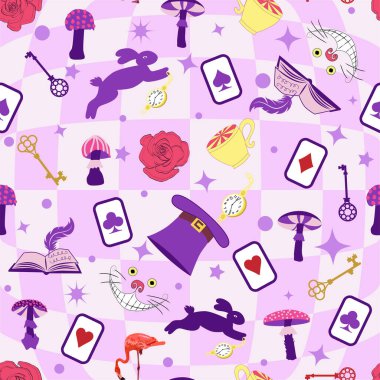 Harikalar Diyarı elementleri gül, tavşan, Cheshire kedisi, flamingo kartları şapka bardağı, mantar ve saat.