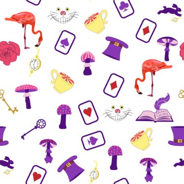 Harikalar Diyarı elementleri gül, tavşan, Cheshire kedisi, flamingo kartları şapka bardağı, mantar ve saat.