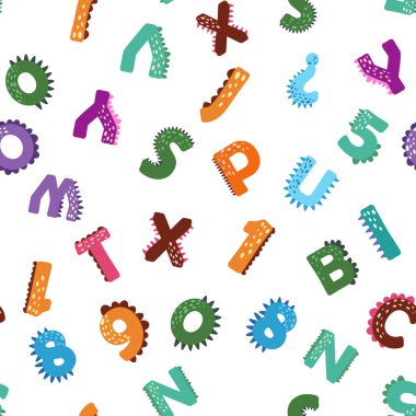 ABC basit çizgi film tarzında kusursuz desen. Şirin dinazor alfabesi izi - el çizimi çocuksu, pürüzsüz desen tasarımı. Dijital kağıt.