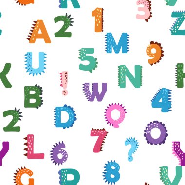 ABC basit çizgi film tarzında kusursuz desen. Şirin dinazor alfabesi izi - el çizimi çocuksu, pürüzsüz desen tasarımı. Dijital kağıt.