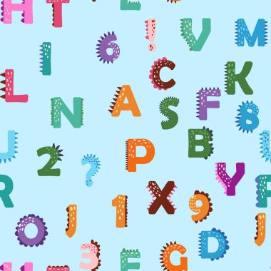 ABC basit çizgi film tarzında kusursuz desen. Şirin dinazor alfabesi izi - el çizimi çocuksu, pürüzsüz desen tasarımı. Dijital kağıt.