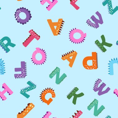 ABC basit çizgi film tarzında kusursuz desen. Şirin dinazor alfabesi izi - el çizimi çocuksu, pürüzsüz desen tasarımı. Dijital kağıt.