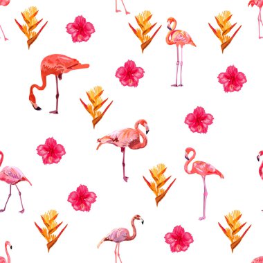 Güzel flamingolu kusursuz desenli tropikal canavar ve palmiye yapraklı, mayo kumaşlı.