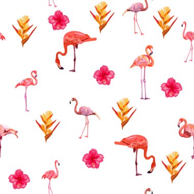 Güzel flamingolu kusursuz desenli tropikal canavar ve palmiye yapraklı, mayo kumaşlı.
