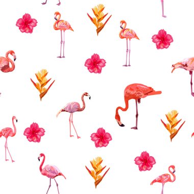 Güzel flamingolu kusursuz desenli tropikal canavar ve palmiye yapraklı, mayo kumaşlı.