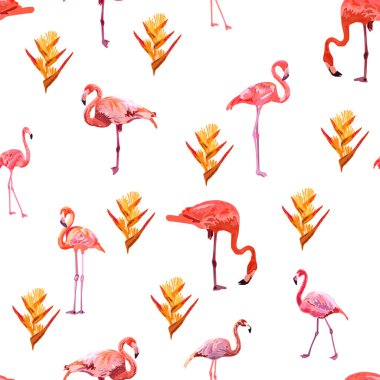 Güzel flamingolu kusursuz desenli tropikal canavar ve palmiye yapraklı, mayo kumaşlı.
