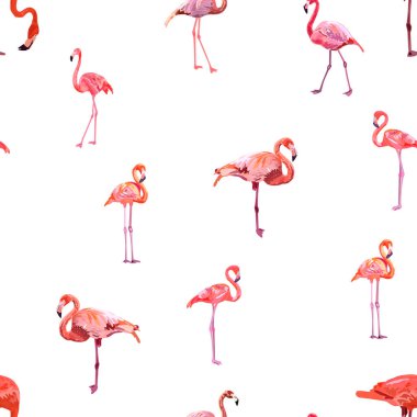 Güzel flamingolu kusursuz desenli tropikal canavar ve palmiye yapraklı, mayo kumaşlı.