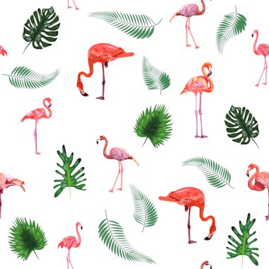 Güzel flamingolu kusursuz desenli tropikal canavar ve palmiye yapraklı, mayo kumaşlı