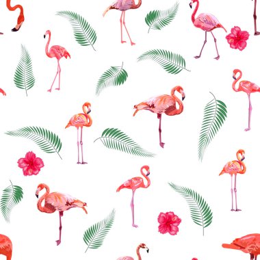 Güzel flamingolu kusursuz desenli tropikal canavar ve palmiye yapraklı, mayo kumaşlı