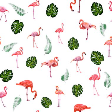 Güzel flamingolu kusursuz desenli tropikal canavar ve palmiye yapraklı, mayo kumaşlı