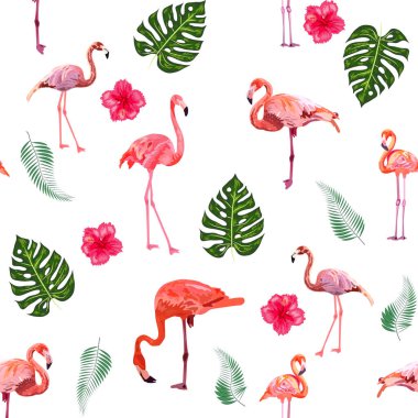 Güzel flamingolu kusursuz desenli tropikal canavar ve palmiye yapraklı, mayo kumaşlı