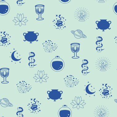 Siluetler sihirli semboller, yılan, göz, tarot kartları, el, kafatası, iksir, ay, kelebek, mantar, yıldız gibi sihirli elementler ile, pürüzsüz desen. Cadılık tema simgeleri ve elementleri.