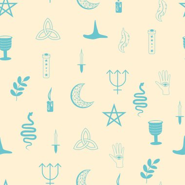 Silhouettes Magic symbols seamless pattern, with magical elements such as snake, eye, tarot cards, hand, skull, potion, moon, butterfly, mushrooms, stars. Witchcraft theme symbols and elements. clipart