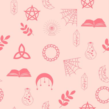 Siluetler sihirli semboller, yılan, göz, tarot kartları, el, kafatası, iksir, ay, kelebek, mantar, yıldız gibi sihirli elementler ile, pürüzsüz desen. Cadılık tema simgeleri ve elementleri.