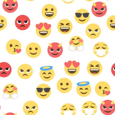 Emokon ve emojinin kusursuz deseni, emoji vektör çizimi, sosyal ağ için emoji arkaplanı.
