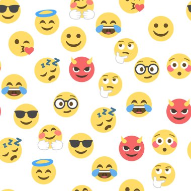 Emokon ve emojinin kusursuz deseni, emoji vektör çizimi, sosyal ağ için emoji arkaplanı.