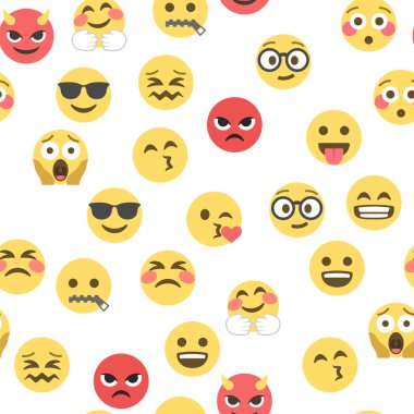 Emokon ve emojinin kusursuz deseni, emoji vektör çizimi, sosyal ağ için emoji arkaplanı.