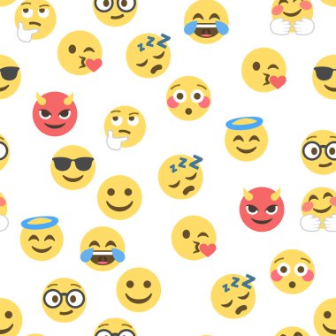 Emokon ve emojinin kusursuz deseni, emoji vektör çizimi, sosyal ağ için emoji arkaplanı.