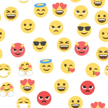 Emokon ve emojinin kusursuz deseni, emoji vektör çizimi, sosyal ağ için emoji arkaplanı.