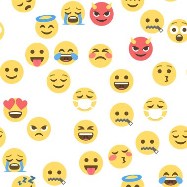 Emokon ve emojinin kusursuz deseni, emoji vektör çizimi, sosyal ağ için emoji arkaplanı.