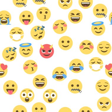 Emokon ve emojinin kusursuz deseni, emoji vektör çizimi, sosyal ağ için emoji arkaplanı.