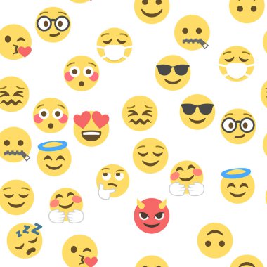 Emokon ve emojinin kusursuz deseni, emoji vektör çizimi, sosyal ağ için emoji arkaplanı.