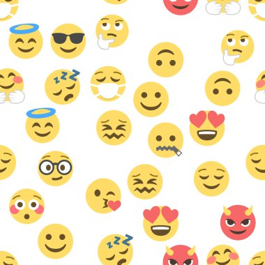 Emokon ve emojinin kusursuz deseni, emoji vektör çizimi, sosyal ağ için emoji arkaplanı.