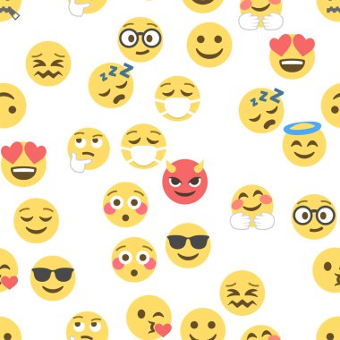Emokon ve emojinin kusursuz deseni, emoji vektör çizimi, sosyal ağ için emoji arkaplanı.