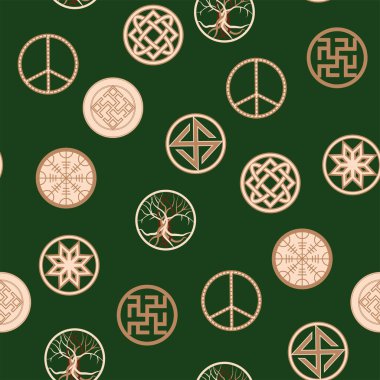 Seamless pattern ancient Slavic symbols. Star of the arkgamma, kolovrat, trixel, valknut, celtic cross and other Slavic symbol, decorated with ornament in a wreath of Scandinavian weaving clipart