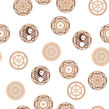 Kusursuz desenli antik Slav sembolleri. Arkgama yıldızı, Kolovrat, trixel, valknut, kelt haçı ve diğer Slav sembolleri, İskandinav dokuma çelengiyle süslenmiş.