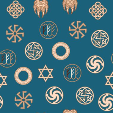 Seamless pattern ancient Slavic symbols. Star of the arkgamma, kolovrat, trixel, valknut, celtic cross and other Slavic symbol, decorated with ornament in a wreath of Scandinavian weaving clipart