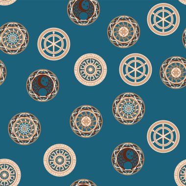 Seamless pattern ancient Slavic symbols. Star of the arkgamma, kolovrat, trixel, valknut, celtic cross and other Slavic symbol, decorated with ornament in a wreath of Scandinavian weaving clipart