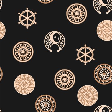 Seamless pattern ancient Slavic symbols. Star of the arkgamma, kolovrat, trixel, valknut, celtic cross and other Slavic symbol, decorated with ornament in a wreath of Scandinavian weaving clipart