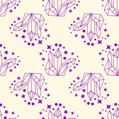 Takımyıldızları, güneşi, ayı, sihirli gözleri, bulutları ve yıldızları olan kusursuz bir şablon. Tasarım için gizemli arkaplan