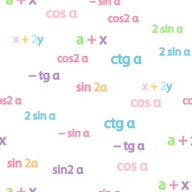 Seamless pattern with mathematical formulas and numbers. Algebra and geometry, calculations tangent, cotangent, sine, cosine. clipart