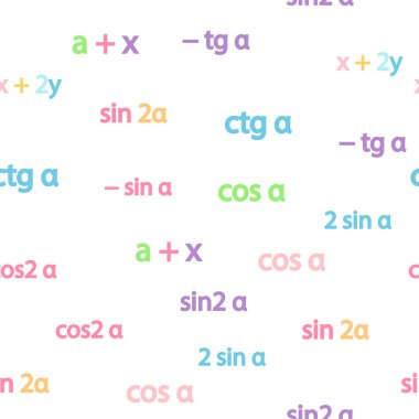 Seamless pattern with mathematical formulas and numbers. Algebra and geometry, calculations tangent, cotangent, sine, cosine. clipart