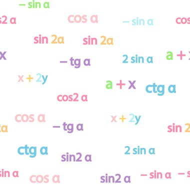 Seamless pattern with mathematical formulas and numbers. Algebra and geometry, calculations tangent, cotangent, sine, cosine. clipart